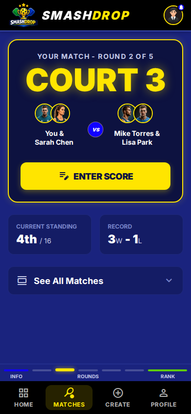 SmashDrop Event Dashboard — see your match, court, and standings