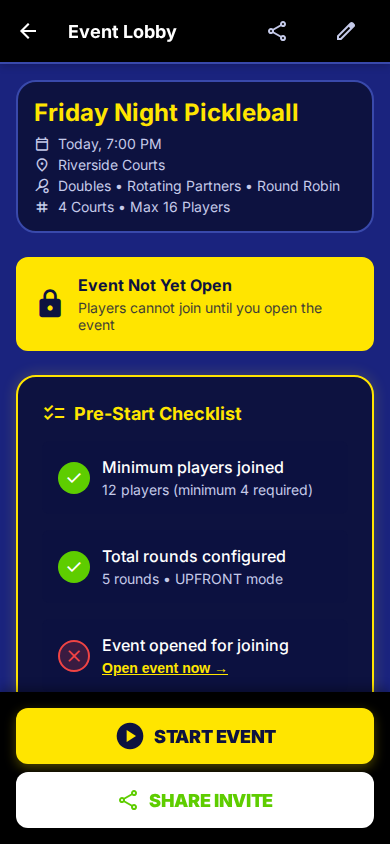 SmashDrop Host Lobby — manage your event roster